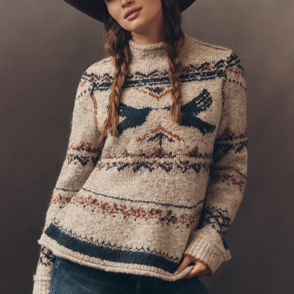 Pilcro Beige and Navy Patterned Turtleneck Sweater